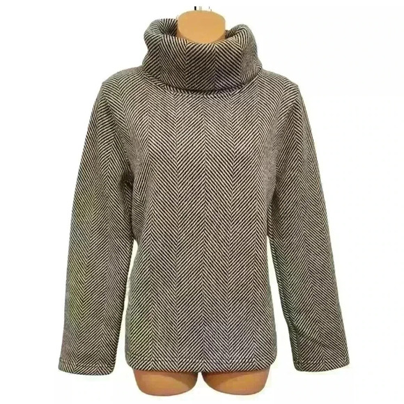 J Crew Funnelneck Black Herringbone Print Fleece Lined Comfy Pullover Sweater - Picture 5 of 14